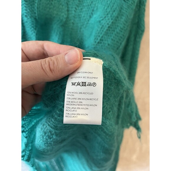 Anthropologie Wool Sweater Women's M Green Aqua Nylon Open Knit Chewed Hem - Picture 3 of 6